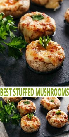 baked stuffed mushrooms with parsley sprigs on top and the words best stuffed mushrooms above them