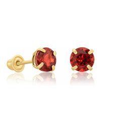 Elegant and stylish 14K solid gold solitaire earrings with brilliant round created red garnets. All sizes and all twelve birthstones available in white or yellow gold. **Fast & Free US Shipping** Our created diamonds and gemstones are simulants with ideal cut, brighter D color and VVS1 clarity making them visually indistinguishable from natural diamonds that cost thousands of dollars. Every diamond comes with a lifetime warranty, so if anything happens to it, we will replace it for free. We only Red Birthstone Round Earrings, Red Round Cut Birthstone Earrings, Yellow Gold Garnet Round Earrings, Round Solitaire, Solitaire Earrings, Garnet Earrings, Red Earrings, Fine Jewelry Collection, Red Garnet