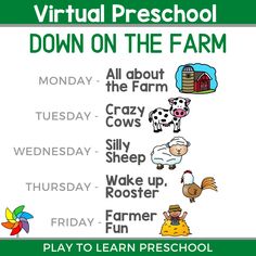 a poster with the words virtual preschool down on the farm, and an image of animals