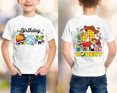 two young boys wearing birthday shirts with cartoon characters on the front and back of them