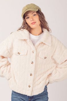 Faux Fur Cream Collared Jacket | JQ Clothing Co. Collared Jacket, Cable Pattern, Eyes On Me, Asymmetric Jacket, Crop Jean Jacket, All Eyes On Me, Form Fitting Dress, Double Breasted Coat, Womens Fleece