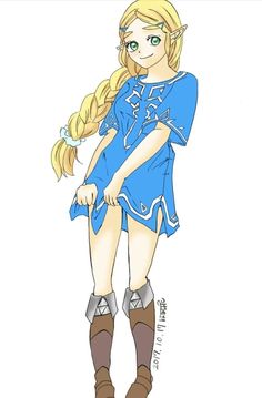 a drawing of a girl with long blonde hair and green eyes, in blue dress