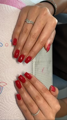 Squared Red Nails, Red Acrylics Short, Short Coffin Red Nails, Classy Red Nails Acrylic, Red Bridesmaid Nails, Classic Nails Red, Red Nails Coffin Short, Red Nail Square, Red Nails Plain