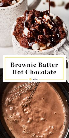 two bowls filled with brownie batter, hot chocolate and marshmallows in them