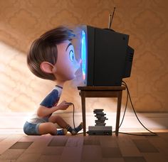 a cartoon character sitting on the floor with a television in front of him that is lit up