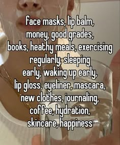 a woman with her face mask on and the words face masks, lip balm, money