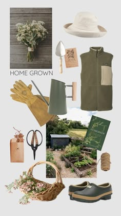 a collage of gardening related items including hats, gloves and flowers