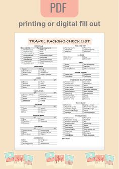 the printable travel packing checklist is shown in three different colors and font options