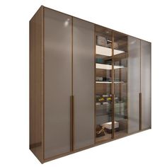 an image of a glass cabinet with shelves on the front and bottom doors open to show items inside