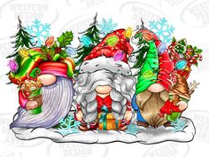 santa claus and his elves in the snow with christmas decorations on their heads, holding presents