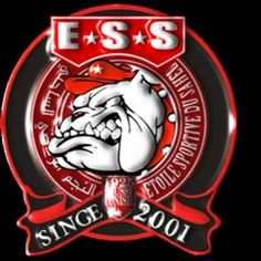 the esss logo is shown in red and black with an image of a bulldog's head