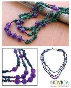 Malachite and amethyst strand necklace, 'Jacaranda Passions' - Malachite and amethyst strand necklace Unique Necklace Designs, Chip Jewelry, Homemade Necklaces, Multi Gemstone Necklace, Diy Jewelry Necklace, Beaded Necklace Designs, Beaded Necklace Diy, Beading Jewelry, Jewel Necklace