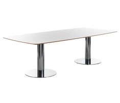 a white table with two chrome legs and a glass top on the bottom, in front of a white background