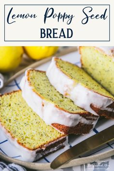 lemon poppy seed bread with white frosting on a plate