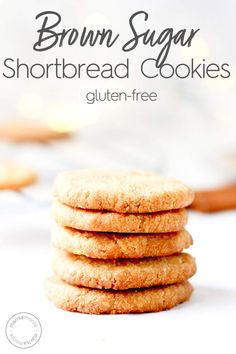 four shortbread cookies stacked on top of each other with the words flourless shortbread cookies