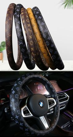 the steering wheel cover is made out of louis vuitton fabric and has three different colors