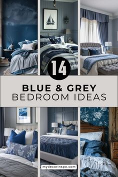 From modern to vintage, these 14 blue and grey bedrooms offer a variety of designs to suit your taste. Find the perfect inspiration for your next bedroom makeover Gray And Blue Room Ideas Bedroom, Silver And Blue Bedroom Ideas, Grey And Blue Bedding, Blue Headboard Gray Bedding, Midnight Blue And Gray Bedroom, Dusty Blue Room Ideas, Blue Bedroom Walls Ideas, Blue Accent Bedroom Wall, Grey Padded Headboard Bedroom