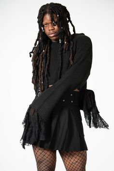 WITCH CULT.- Soft, stretch knit.- Statement lace insert bell sleeves.- Cropped.- XL Hood.- Fitted.Model with long black hair is 5ft 10 and wears a size L.Model with shorter curly hair is 5ft 5 and wears a size L.with KILLSTAR branding, 55% Acrylic, 45% Cotton. Shorter Curly Hair, Modern Gothic Fashion, Killstar Clothing, Top Clothing Brands, Dramatic Sleeves, Modern Gothic, Sleeves With Lace, Long Black Hair, Lace Insert