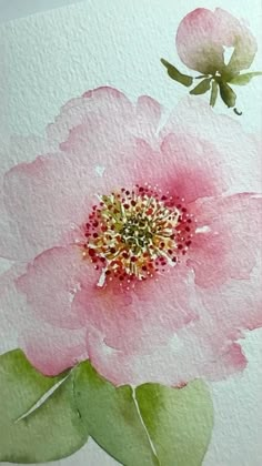 a painting of a pink flower with green leaves