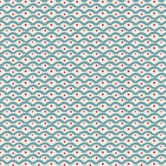 a blue and white pattern with red dots on the bottom, in rows of wavy lines