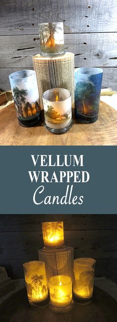 candles are arranged on top of each other with the words, vellum wrapped candles