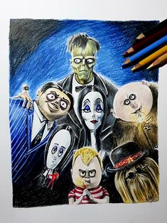 a drawing of the addams with their faces drawn on paper and colored pencils