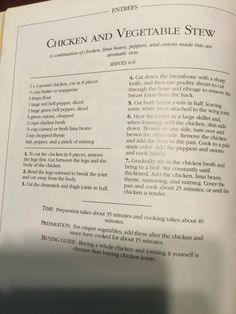 an open book with instructions on how to cook chicken and vegetable stew