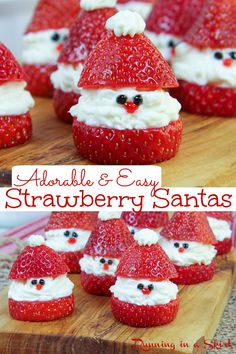 strawberry santa cupcakes with white frosting and strawberries