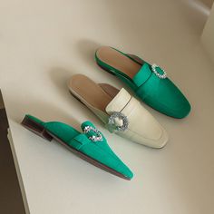 Handmade from premium suede. these loafer mules are really comfortable and breathable. Boasting rhinestone decoration. these green mules help you show an easy chic look. Upper: Suede Lining: Genuine Leather Outsole: Rubber Toe: Round Toe Closure: Slip on Color: Green. Beige is_handmade: Yes Size Guide*Please choose the correct size according to your foot's length. Please don't select the size as per your Euro/US/UK/BR shoe size.*If your measurement is between two sizes. always move up to the lar Green Mules, Green Flats, Easy Chic, Flat Mules, Suede Mules, Suede Flats, Loafer Mules, Green Beige, Green Suede