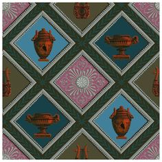 an artistic tile design with vases and other decorative objects on it's sides