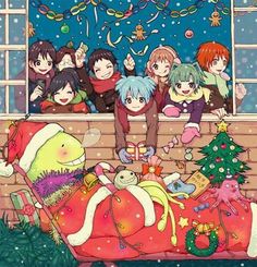 an anime scene with many children in the window and christmas decorations on the windowsill