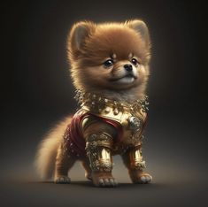 a small dog dressed in gold and red armor, standing on one leg with its paws up