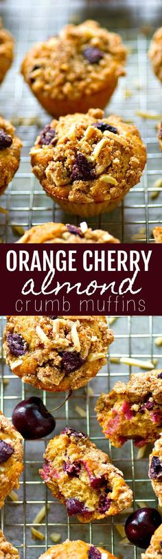 orange cherry almond crumb muffins on a cooling rack with text overlay