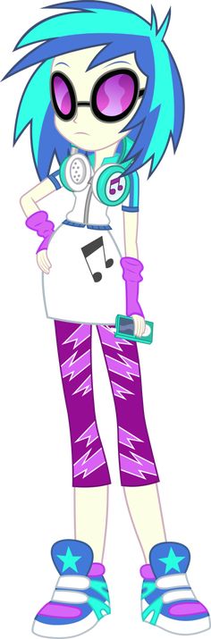 a drawing of a girl with blue hair and purple pants, holding a pink object in her hand