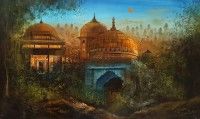 an oil painting of a building in the middle of some trees and water with a bridge going through it