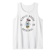 a white tank top with mickey mouse on the front and disney's logo on the back