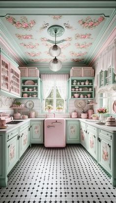 an old fashioned kitchen with pink appliances and green cupboards, checkered flooring