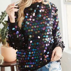 LIghtweight Full Sequin Top on a black background. Black Tops For Night, Night Tops, Mardi Gras Party, Sequin Top, Holiday Outfits, Mardi Gras, Black Background, Black Backgrounds, A Black