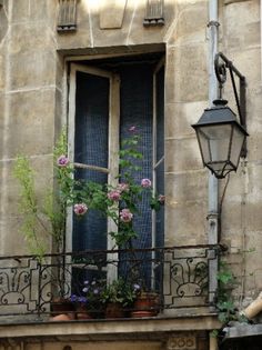 an iron balcony with potted plants on it and a lamp hanging from the side