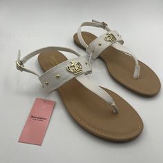 New! Juicy Couture Sandals Jc-Zing White T-Bar Thong Studs Crown Brand New Fast Shipping! Juicy Couture Sandals, Purple Flip Flops, Gold Flip Flops, Juicy Couture Shoes, T Strap Flats, Couture Shoes, White Wedges, Rhinestone Sandals, Womens Sandals Wedges