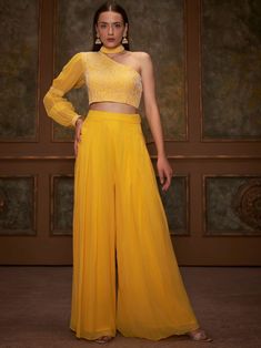 Haldi Dress, Haldi Outfits, Yellow Crop Top, Floral Embroidered Top, Top And Pants Set