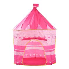 a pink and yellow play tent sitting on top of a white floor