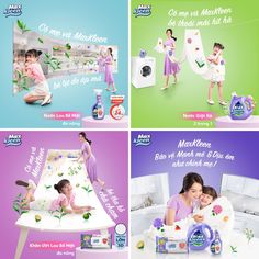 four different ads for mother's day with children in the kitchen and on the bathroom