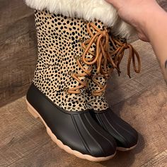 Cheetah Print Rain Proof Boots With White Fur Never Worn New Wot Cheetah Print Ariat Boots, Ankle Boots Animal Print, Waterproof Ankle-high Rain Boots, Women’s Fur Boots, Leopard Boots 9.5, White Fur, Duck Boots, Cheetah Print, Rain Boots