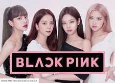 three girls with long hair standing next to each other in front of a pink sign that says blackpink