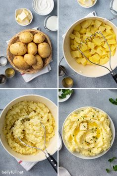 four pictures showing how to make mashed potatoes