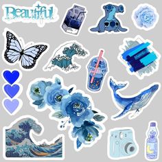 various stickers and decals on a gray background with blue flowers, watercolors, butterflies, etc