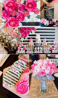 a collage of pink flowers and black and white decor