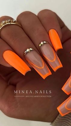 Orange Acrylic Nails, Summer Acrylic Nails, Neon Nails, Hot Nails, Orange Nails, Fire Nails, Coffin Nails Designs, Chic Nails, Dope Nails