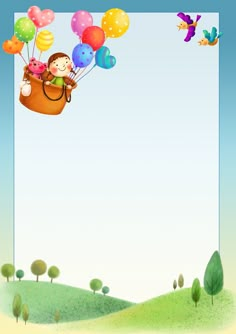 an illustration of a girl in a basket with balloons flying through the air over a field